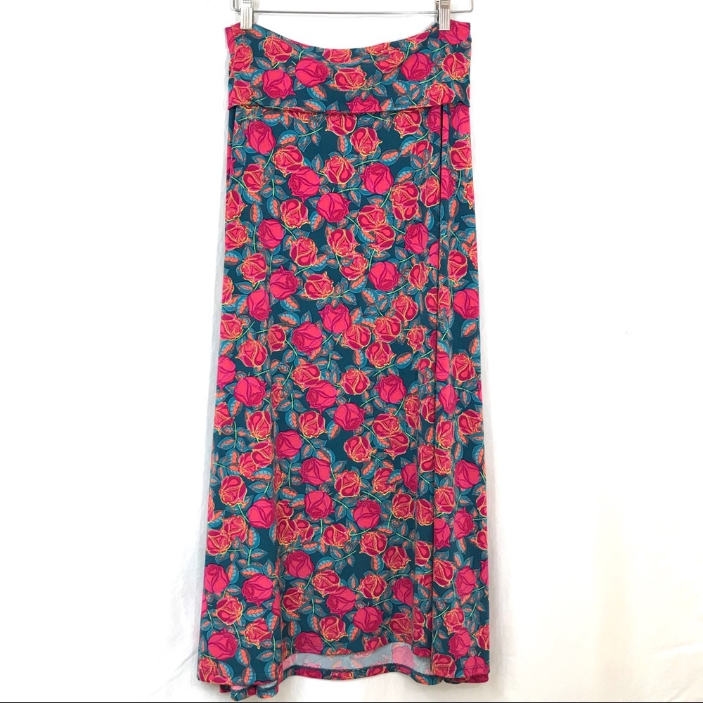 LuLaRoe Maxi Skirt Pink Rose Flower & Blue Design